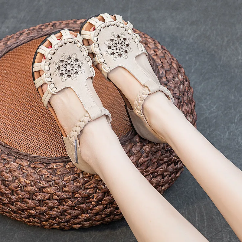Babakud Summer Leather Cut-Out Soft Sole Woven Sandals