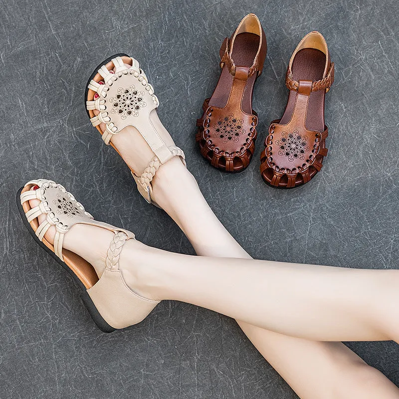 Babakud Summer Leather Cut-Out Soft Sole Woven Sandals
