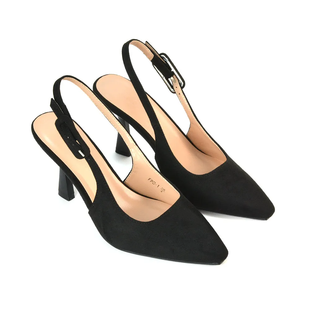 Betty Slingback Stiletto High Heel Pointed Toe Shoes in Black Faux Suede