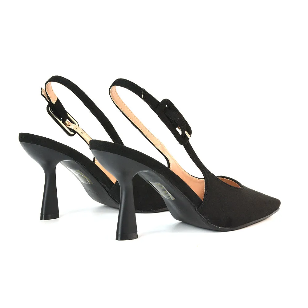 Betty Slingback Stiletto High Heel Pointed Toe Shoes in Black Faux Suede