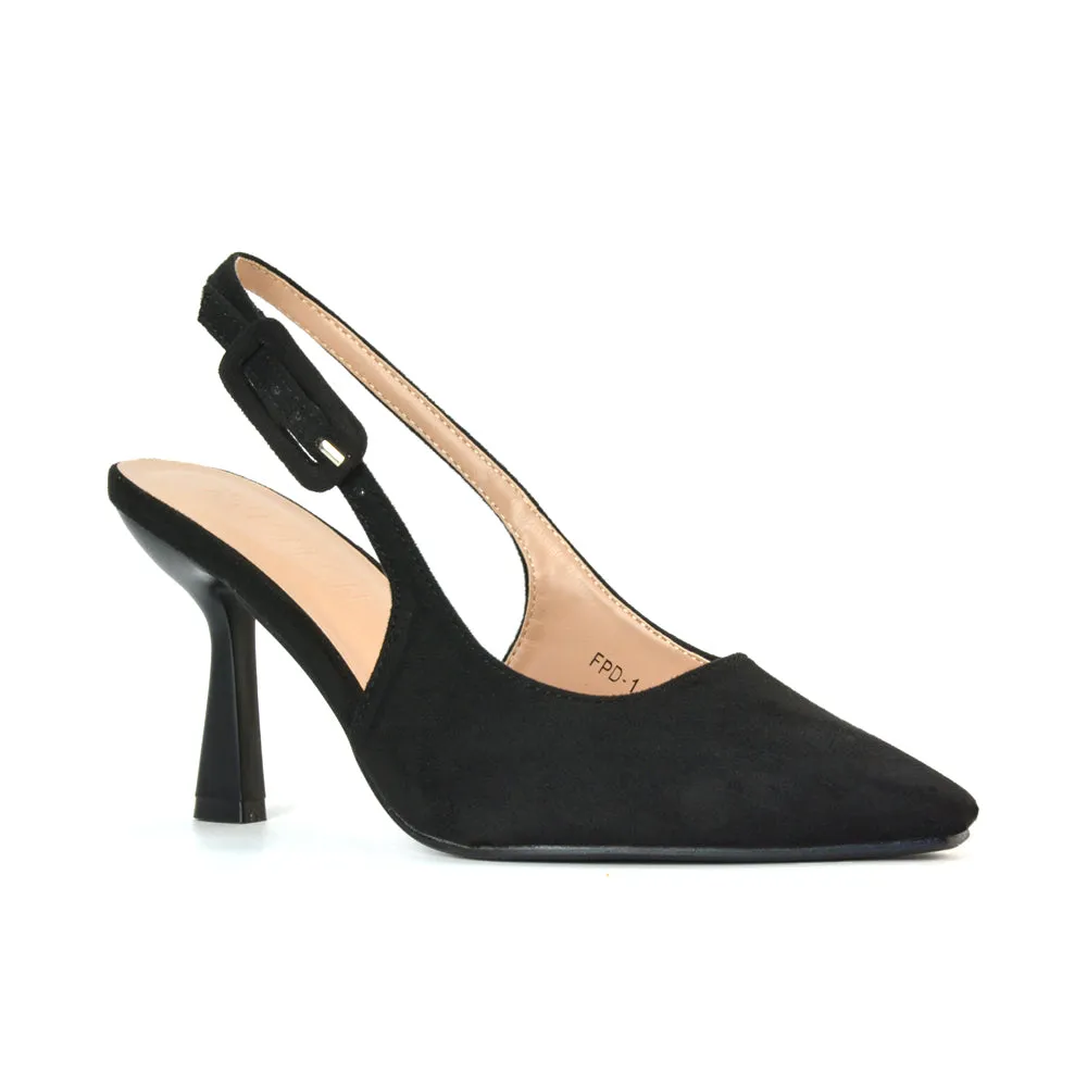 Betty Slingback Stiletto High Heel Pointed Toe Shoes in Black Faux Suede