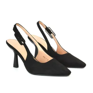Betty Slingback Stiletto High Heel Pointed Toe Shoes in Black Faux Suede
