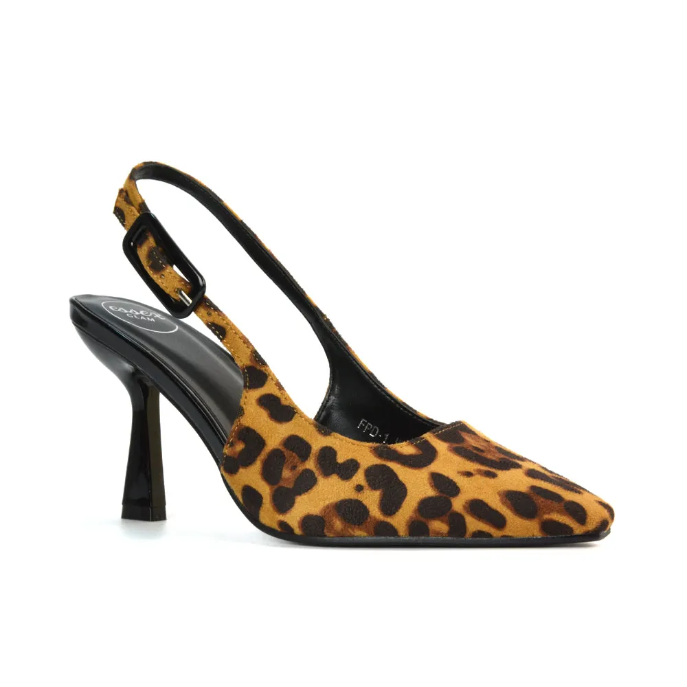 Betty Slingback Stiletto High Heel Pointed Toe Shoes in Black Faux Suede