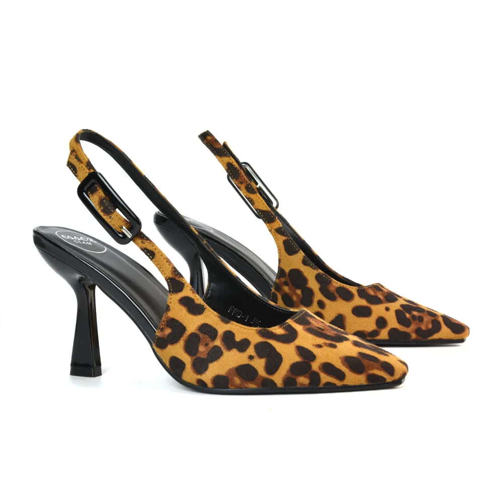 Betty Slingback Stiletto High Heel Pointed Toe Shoes in Black Faux Suede
