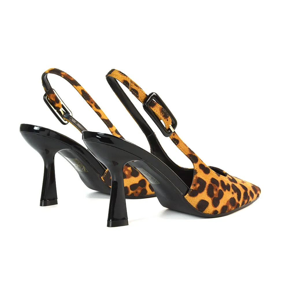 Betty Slingback Stiletto High Heel Pointed Toe Shoes in Black Faux Suede