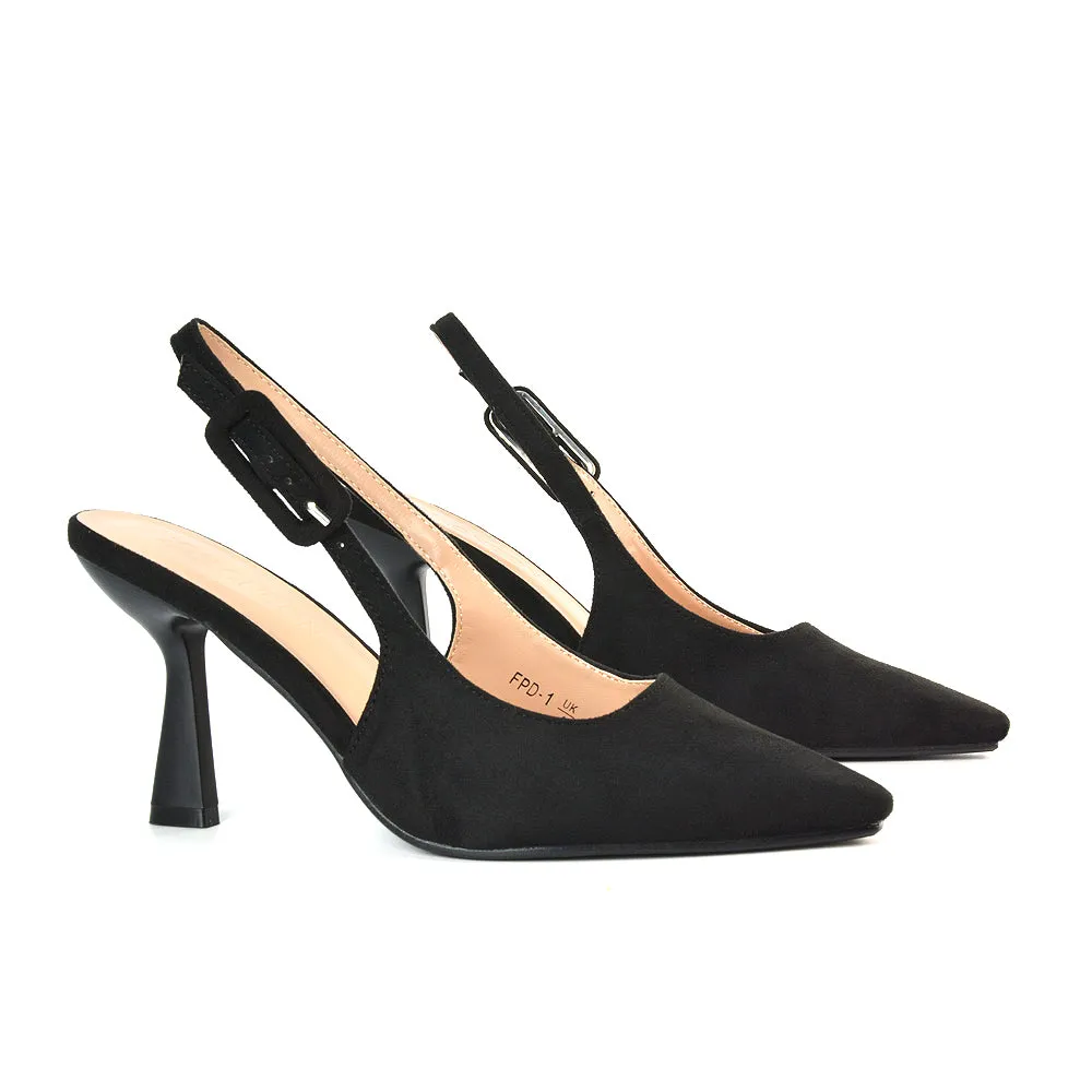 Betty Slingback Stiletto High Heel Pointed Toe Shoes in Black Faux Suede