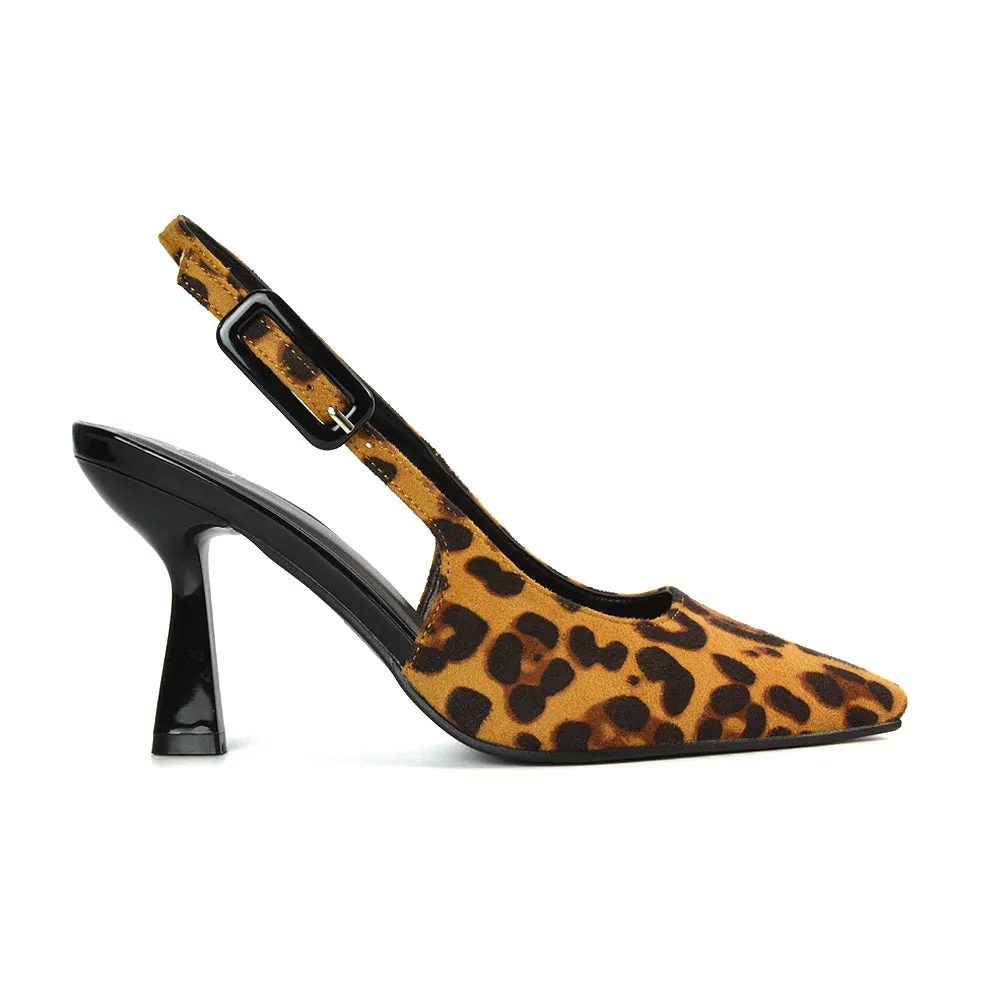 Betty Slingback Stiletto High Heel Pointed Toe Shoes in Black Faux Suede