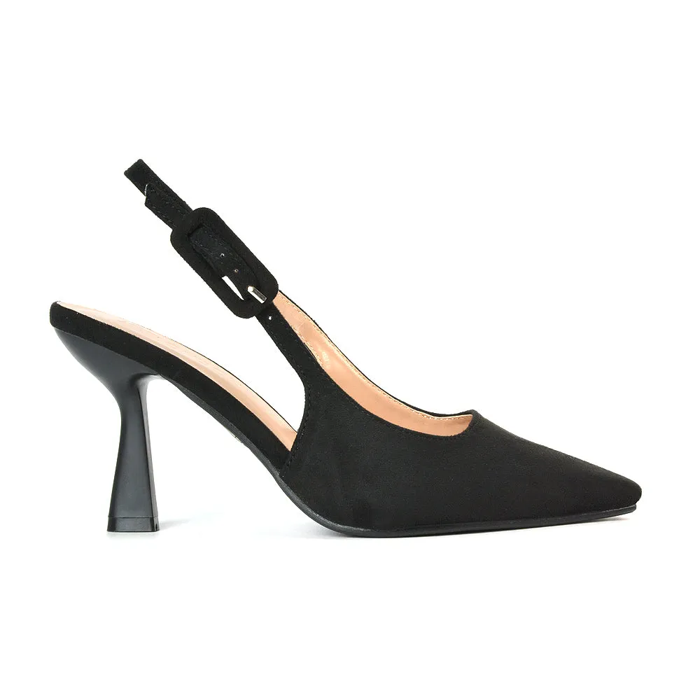 Betty Slingback Stiletto High Heel Pointed Toe Shoes in Black Faux Suede