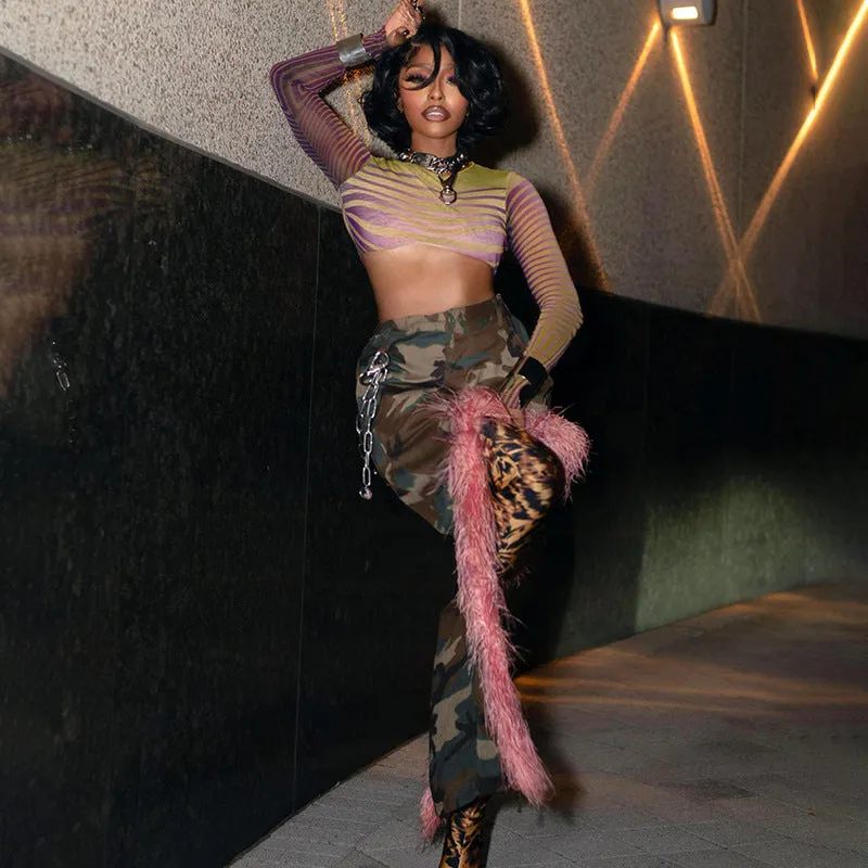 Bold Camouflage and Pink Fur Patchwork Asymmetrical Skirt