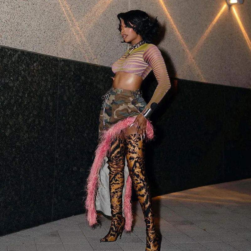 Bold Camouflage and Pink Fur Patchwork Asymmetrical Skirt