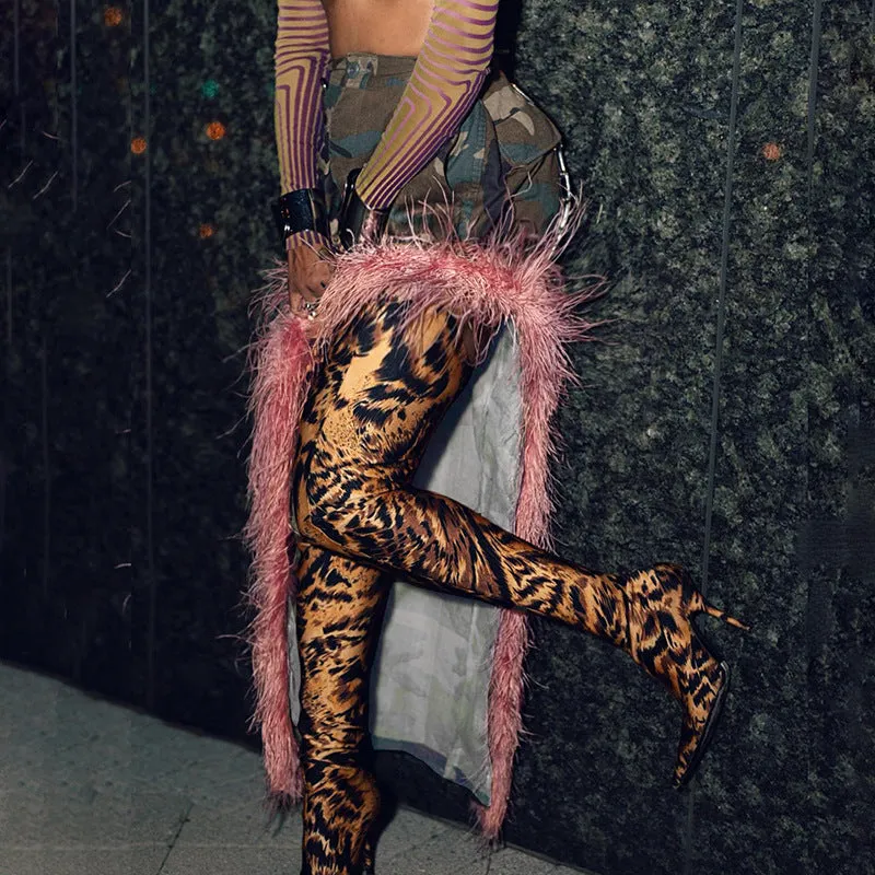 Bold Camouflage and Pink Fur Patchwork Asymmetrical Skirt