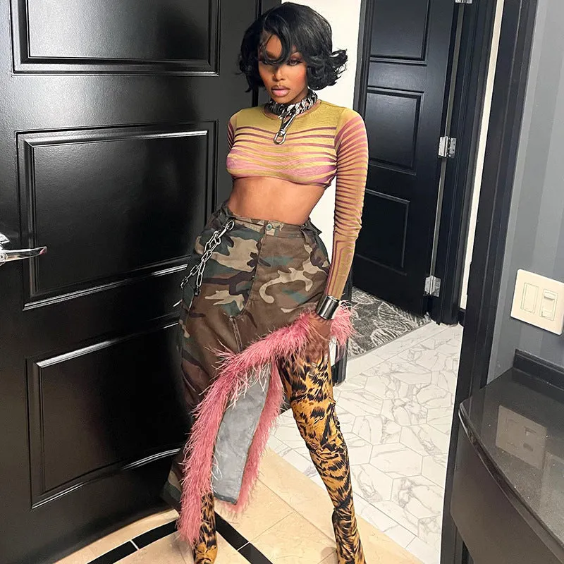 Bold Camouflage and Pink Fur Patchwork Asymmetrical Skirt
