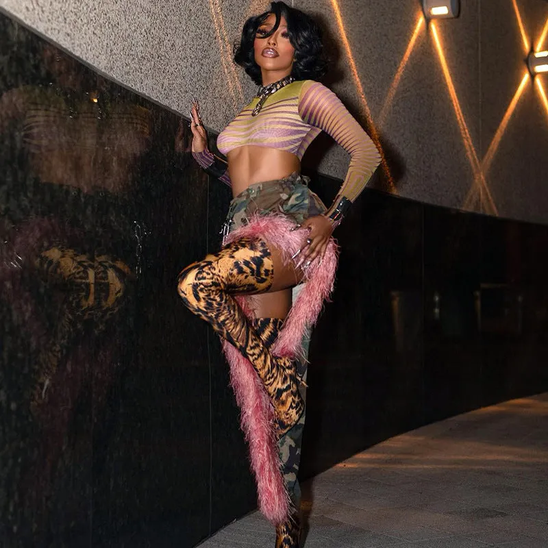 Bold Camouflage and Pink Fur Patchwork Asymmetrical Skirt