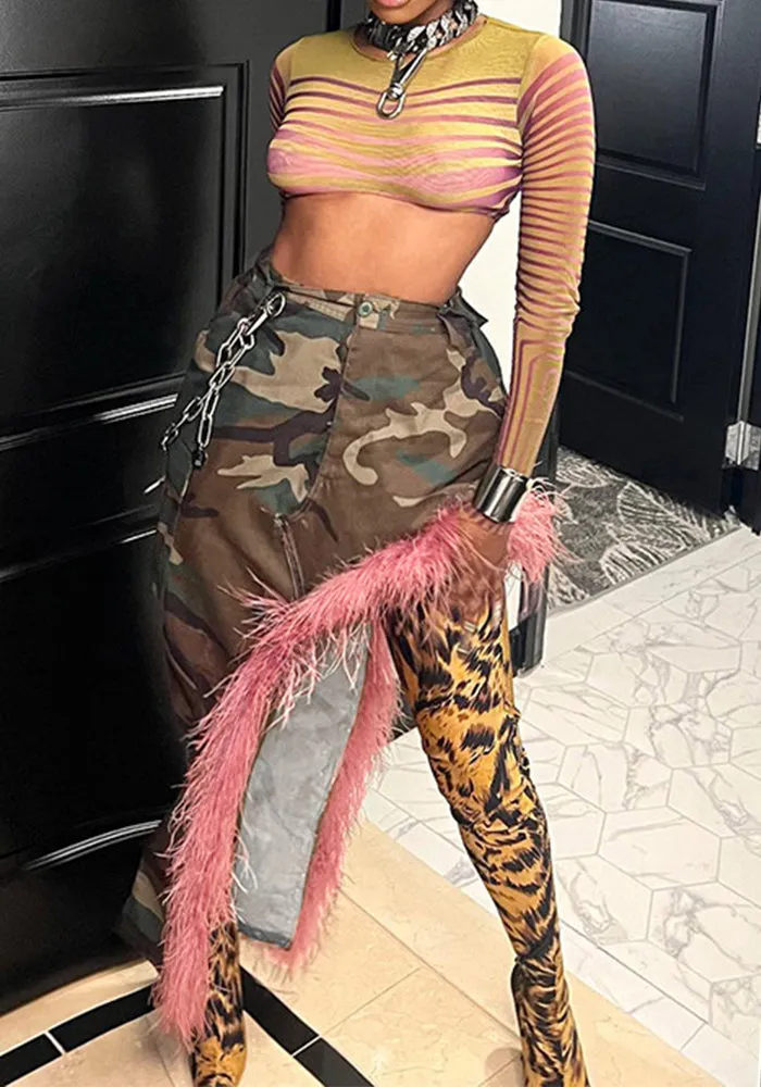 Bold Camouflage and Pink Fur Patchwork Asymmetrical Skirt