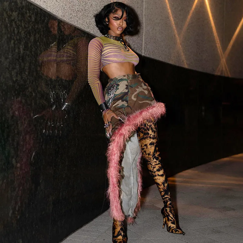 Bold Camouflage and Pink Fur Patchwork Asymmetrical Skirt