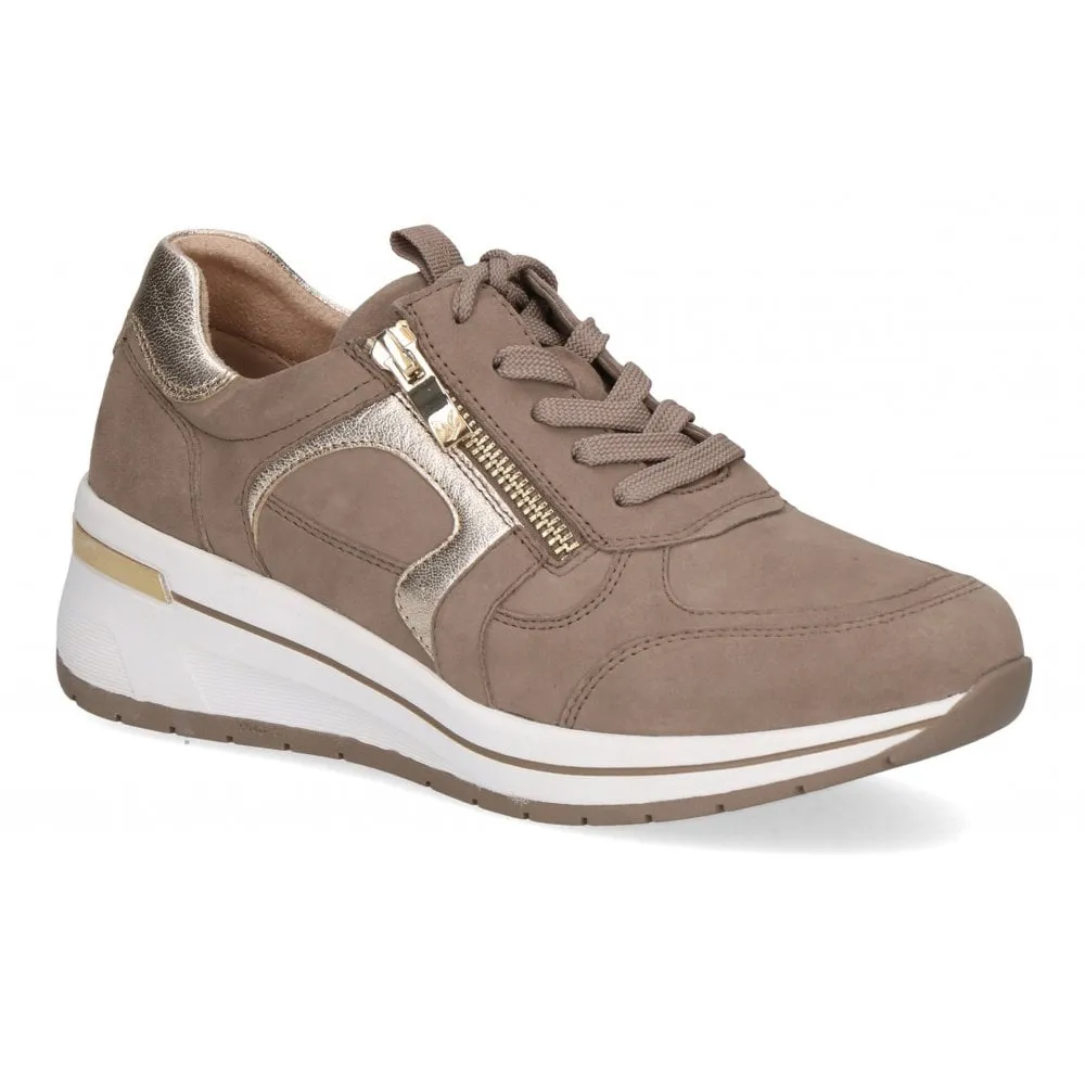 Caprice Taupe "Mud" Nubuck Leather Wedge Trainer with Gold Trim