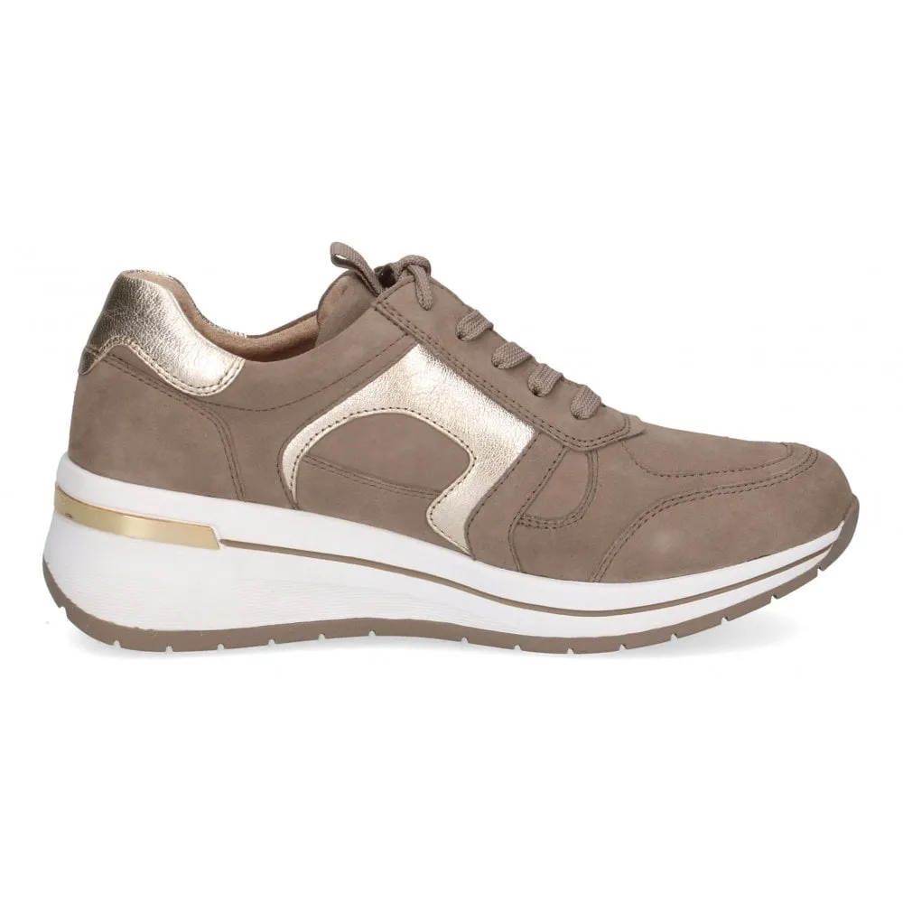 Caprice Taupe "Mud" Nubuck Leather Wedge Trainer with Gold Trim