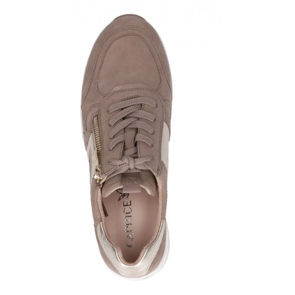 Caprice Taupe "Mud" Nubuck Leather Wedge Trainer with Gold Trim