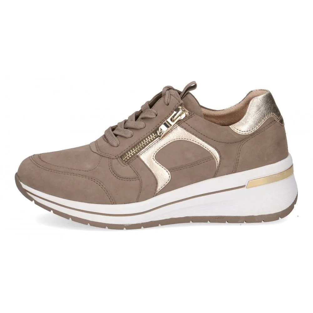 Caprice Taupe "Mud" Nubuck Leather Wedge Trainer with Gold Trim