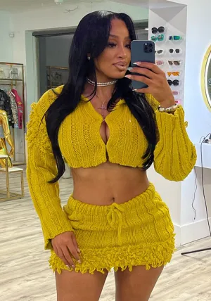 Chic Textured Knit Crop Cardigan and Mini Skirt Matching Set