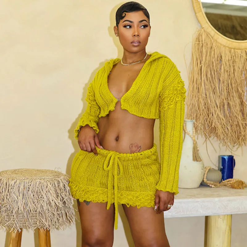 Chic Textured Knit Crop Cardigan and Mini Skirt Matching Set