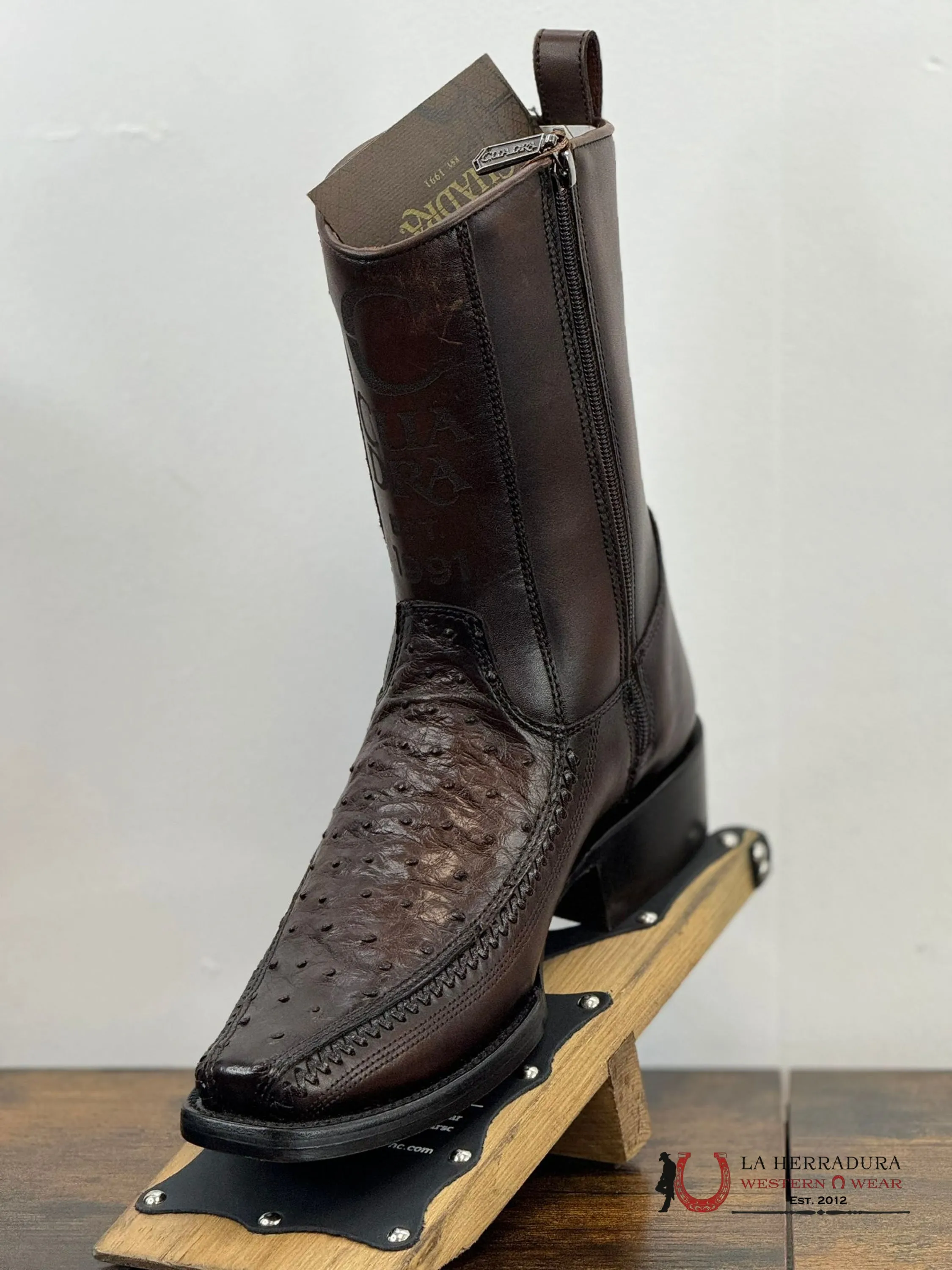 CUADRA SHORT BOOT OSTRICH CHOCOLATE LASER & WOVEN NARROW SQAURE TOE- 1J2KA1