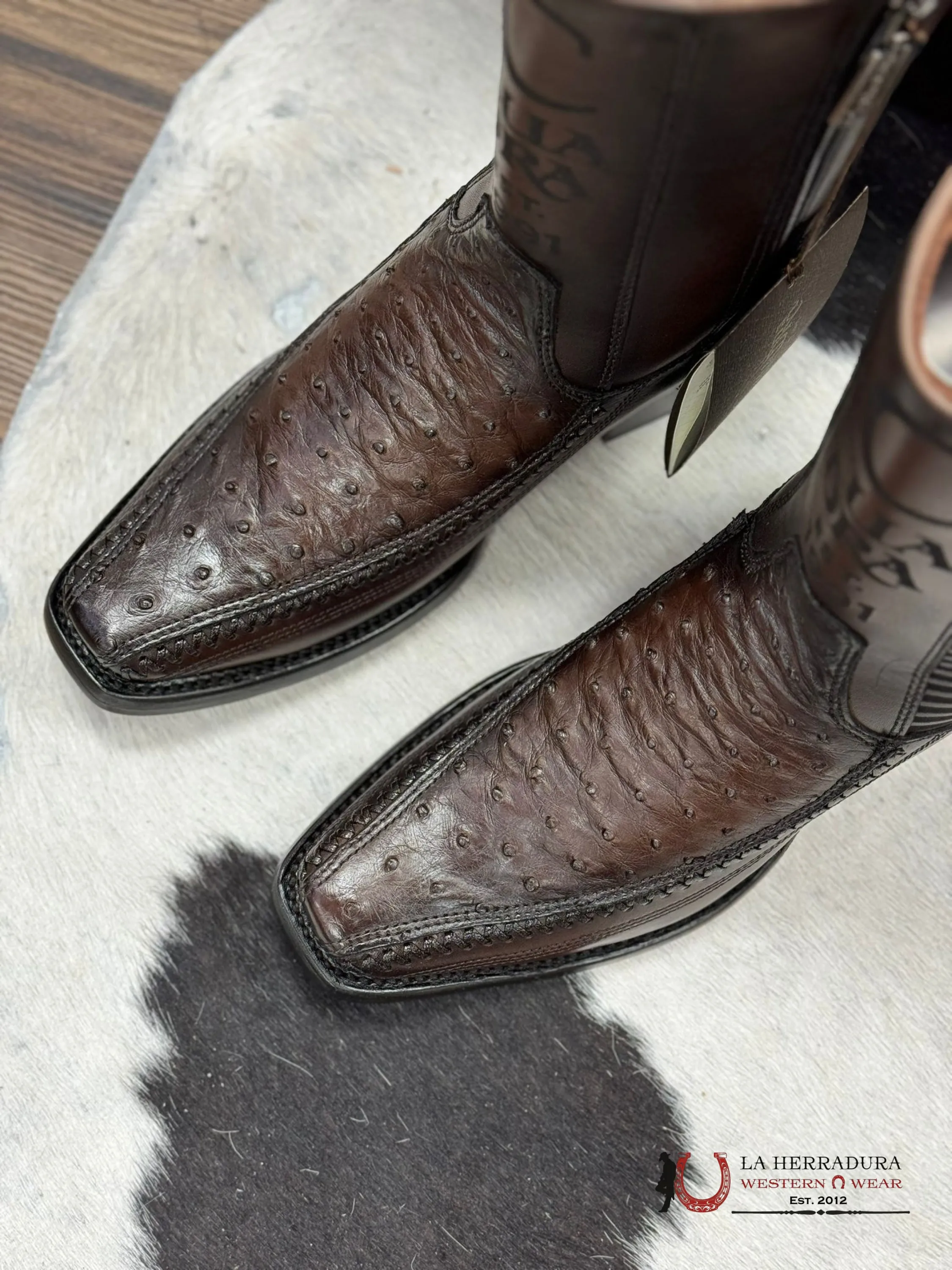 CUADRA SHORT BOOT OSTRICH CHOCOLATE LASER & WOVEN NARROW SQAURE TOE- 1J2KA1