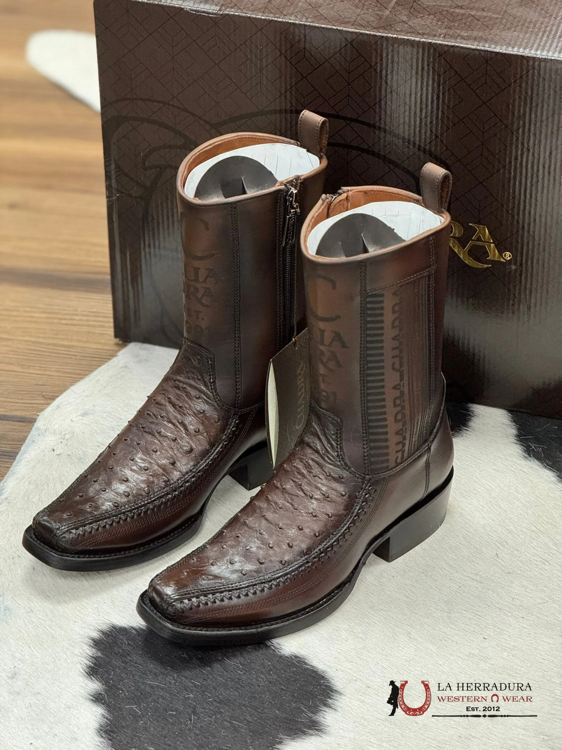 CUADRA SHORT BOOT OSTRICH CHOCOLATE LASER & WOVEN NARROW SQAURE TOE- 1J2KA1