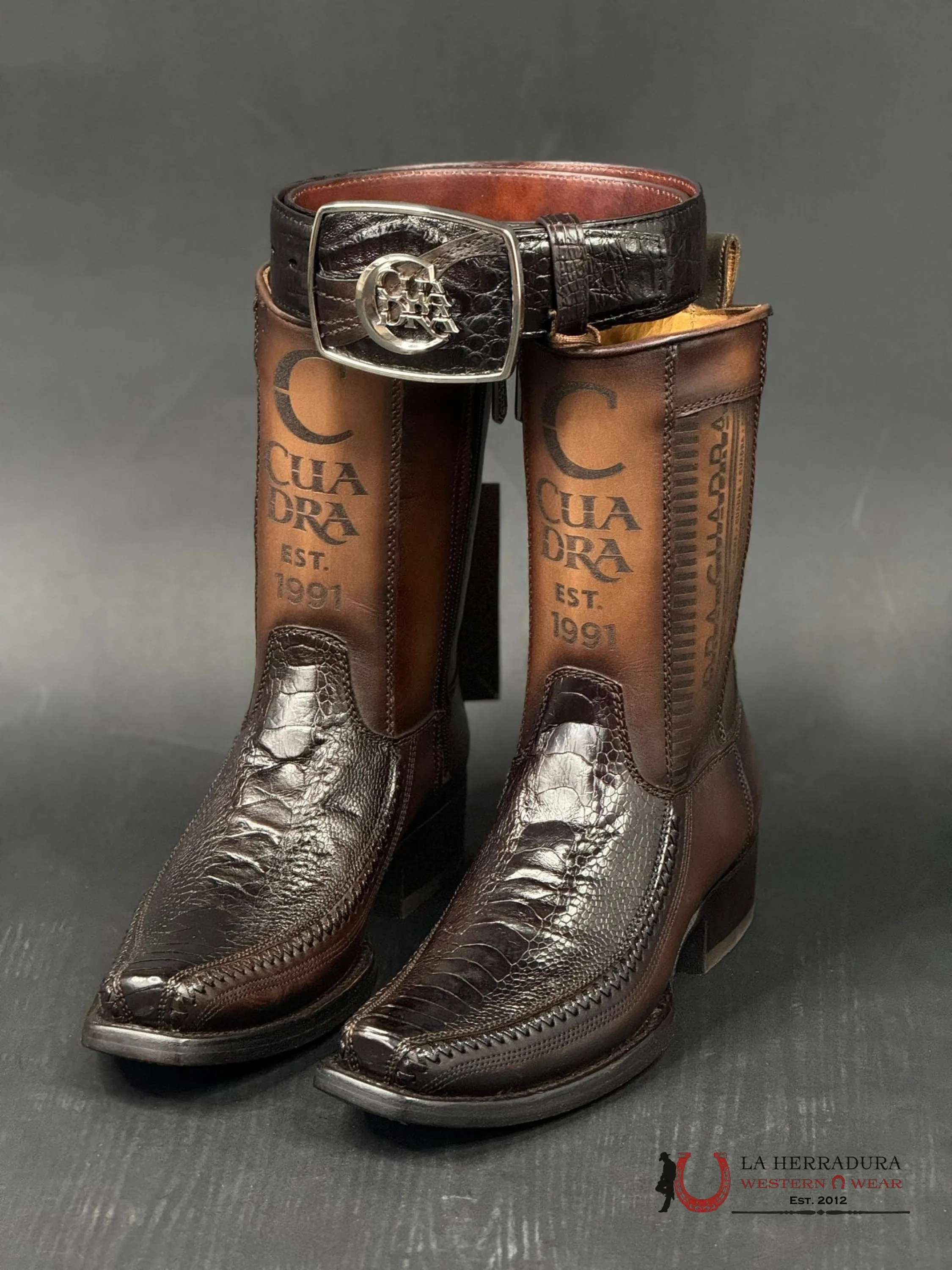 CUADRA SHORT BOOT OSTRICH LEG  LASER & WOVEN NARROW SQUARE TOE PATA DE AVESTRUZ- 1J2KPT