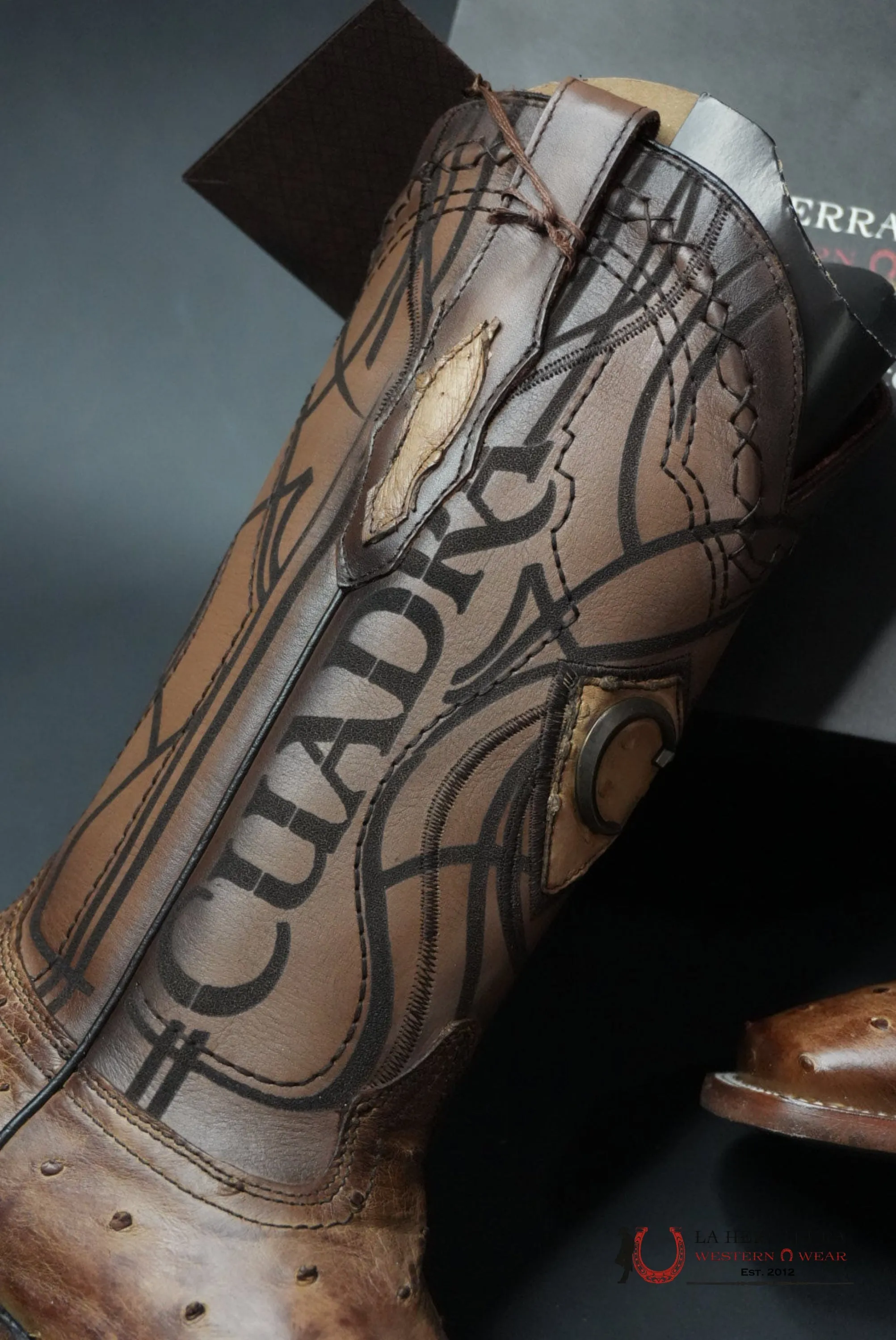 CUDRA OSTRICH LUGANO BROWN EMBROIDERY LASER WOVEN SQUARE TOE BOOT
