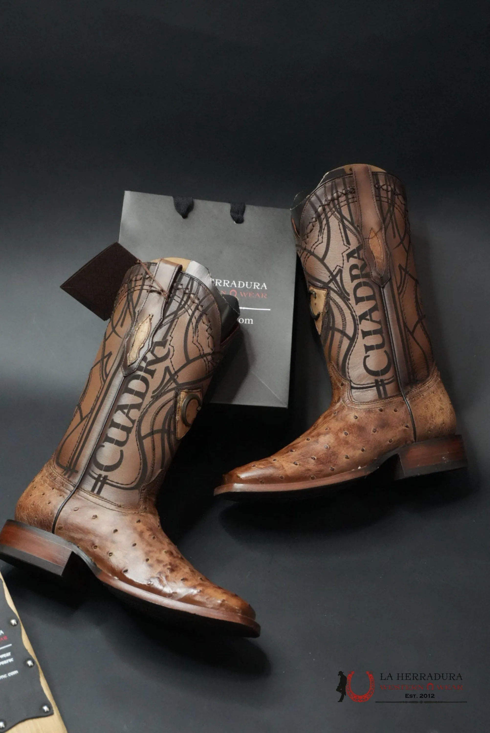 CUDRA OSTRICH LUGANO BROWN EMBROIDERY LASER WOVEN SQUARE TOE BOOT