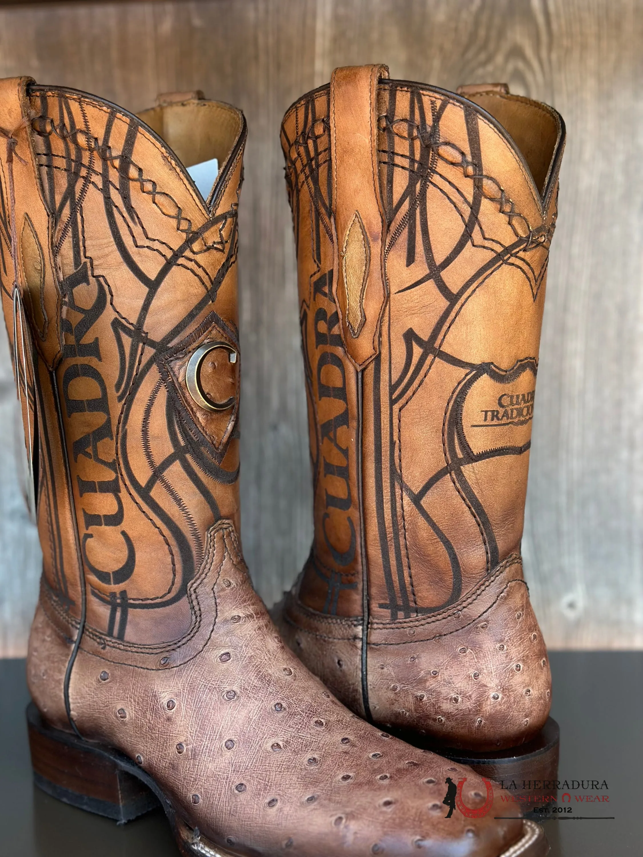 CUDRA OSTRICH LUGANO BROWN EMBROIDERY LASER WOVEN SQUARE TOE BOOT