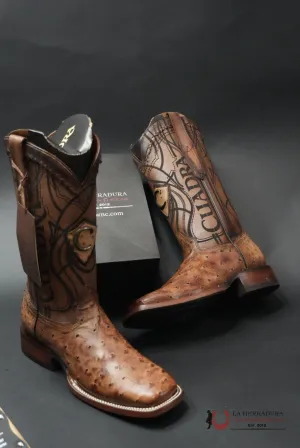 CUDRA OSTRICH LUGANO BROWN EMBROIDERY LASER WOVEN SQUARE TOE BOOT