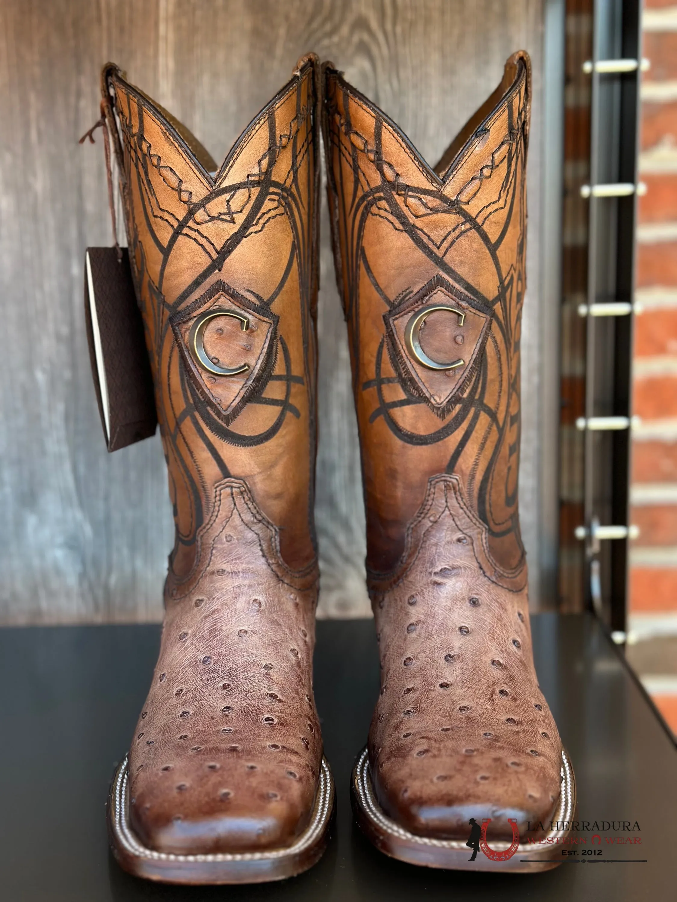 CUDRA OSTRICH LUGANO BROWN EMBROIDERY LASER WOVEN SQUARE TOE BOOT