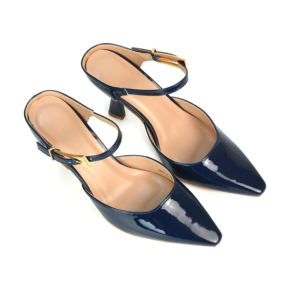 Daisy Stiletto High Heel Strappy Pointed Toe Slip On Shoes in Apricot Patent