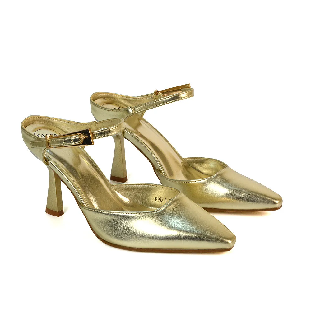 Daisy Stiletto High Heel Strappy Pointed Toe Slip On Shoes in Apricot Patent
