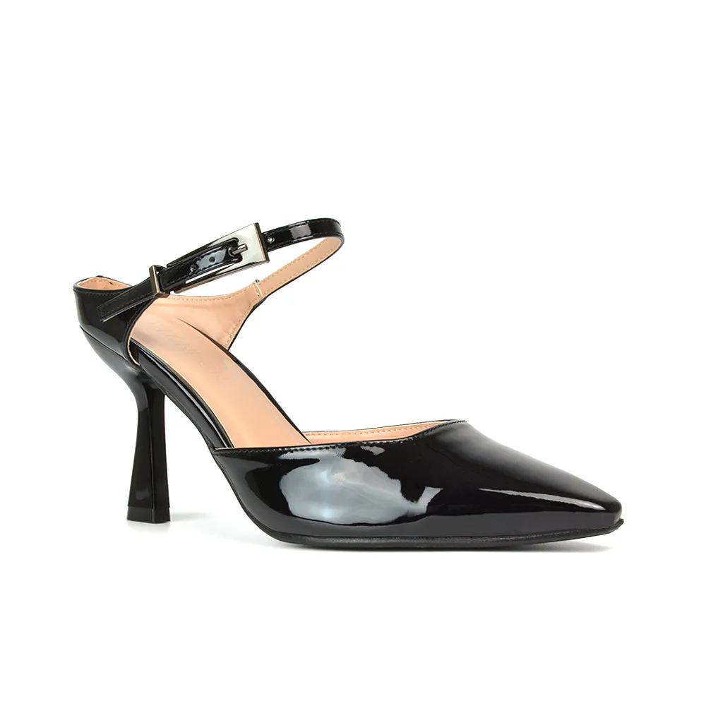 Daisy Stiletto High Heel Strappy Pointed Toe Slip On Shoes in Apricot Patent