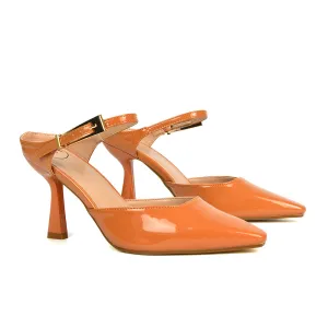 Daisy Stiletto High Heel Strappy Pointed Toe Slip On Shoes in Apricot Patent
