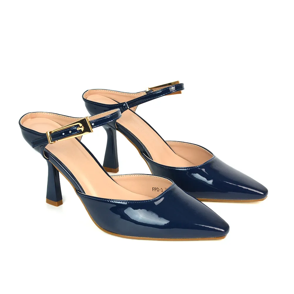 Daisy Stiletto High Heel Strappy Pointed Toe Slip On Shoes in Apricot Patent