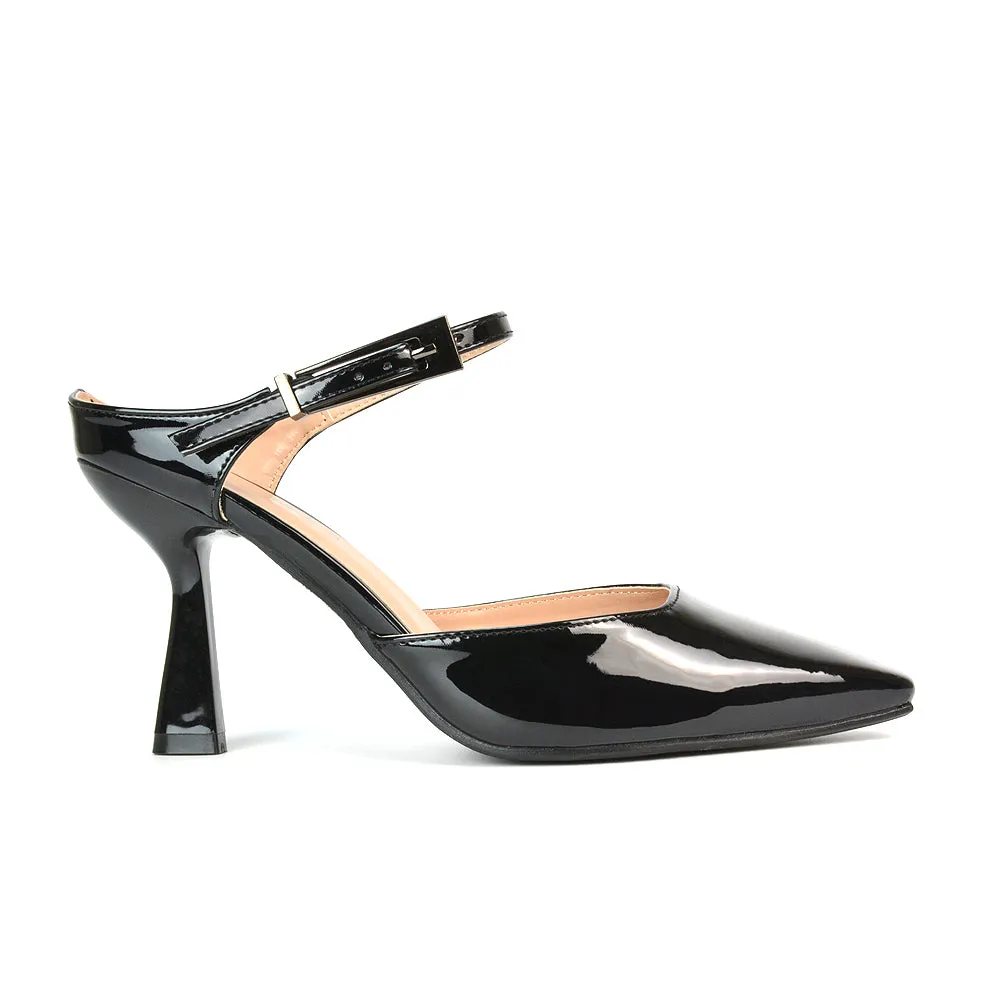 Daisy Stiletto High Heel Strappy Pointed Toe Slip On Shoes in Apricot Patent