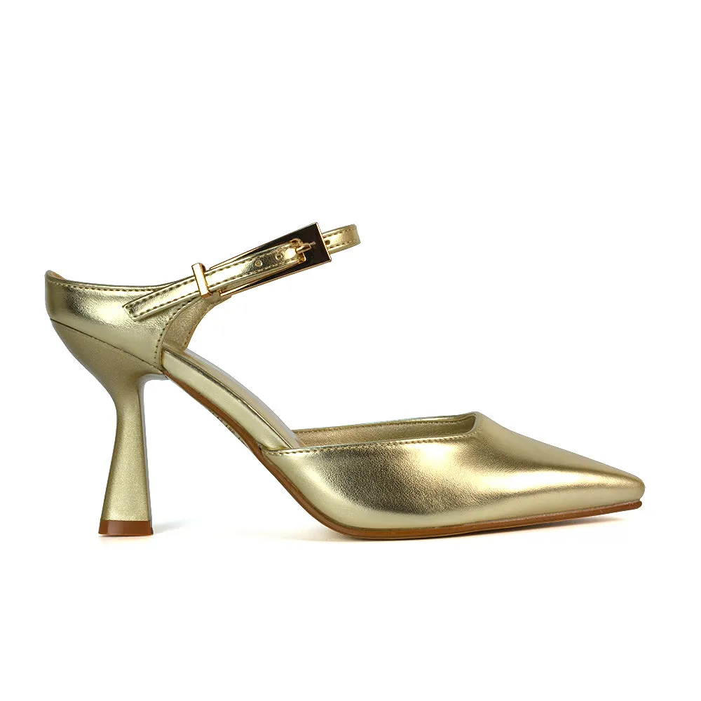 Daisy Stiletto High Heel Strappy Pointed Toe Slip On Shoes in Apricot Patent
