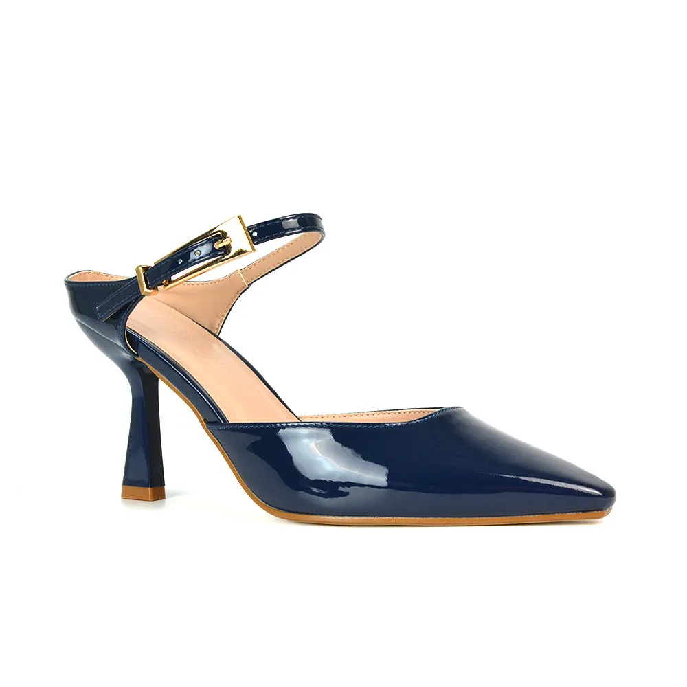 Daisy Stiletto High Heel Strappy Pointed Toe Slip On Shoes in Apricot Patent
