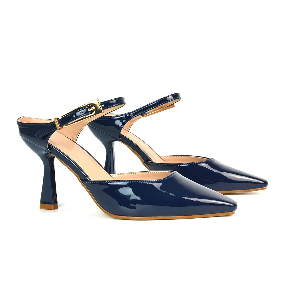 Daisy Stiletto High Heel Strappy Pointed Toe Slip On Shoes in Apricot Patent