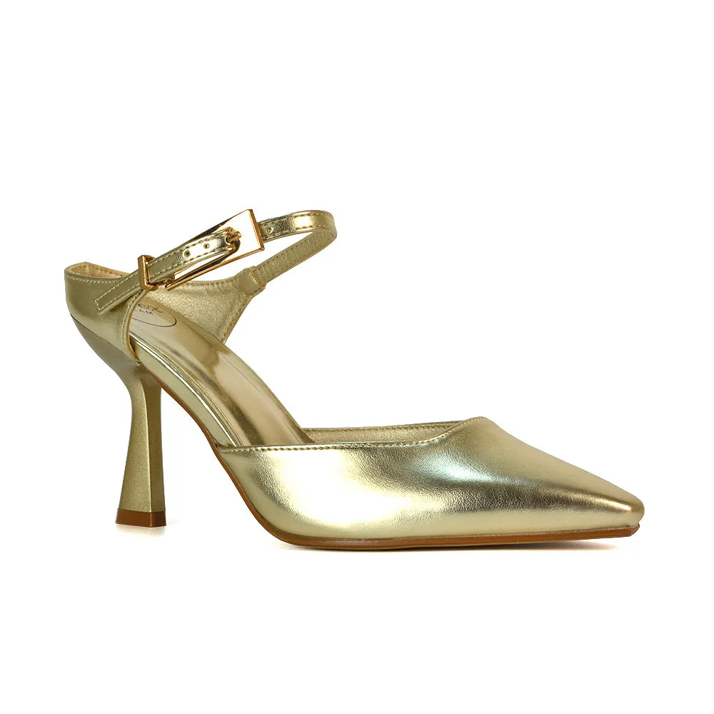 Daisy Stiletto High Heel Strappy Pointed Toe Slip On Shoes in Gold Metallic