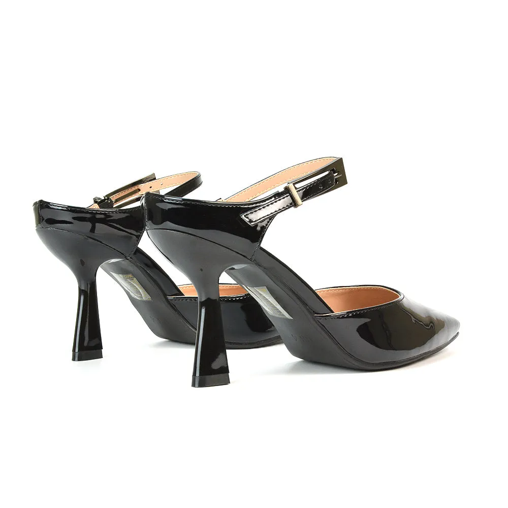 Daisy Stiletto High Heel Strappy Pointed Toe Slip On Shoes in Navy Patent