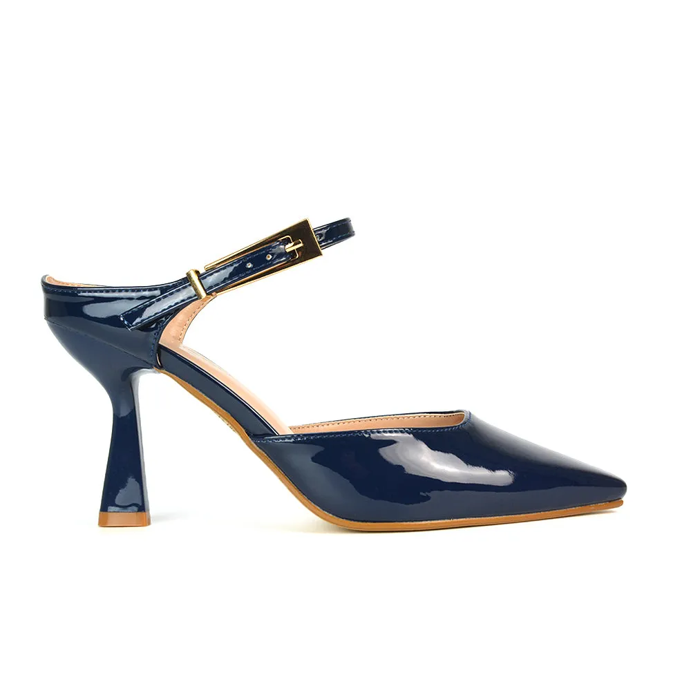 Daisy Stiletto High Heel Strappy Pointed Toe Slip On Shoes in Navy Patent
