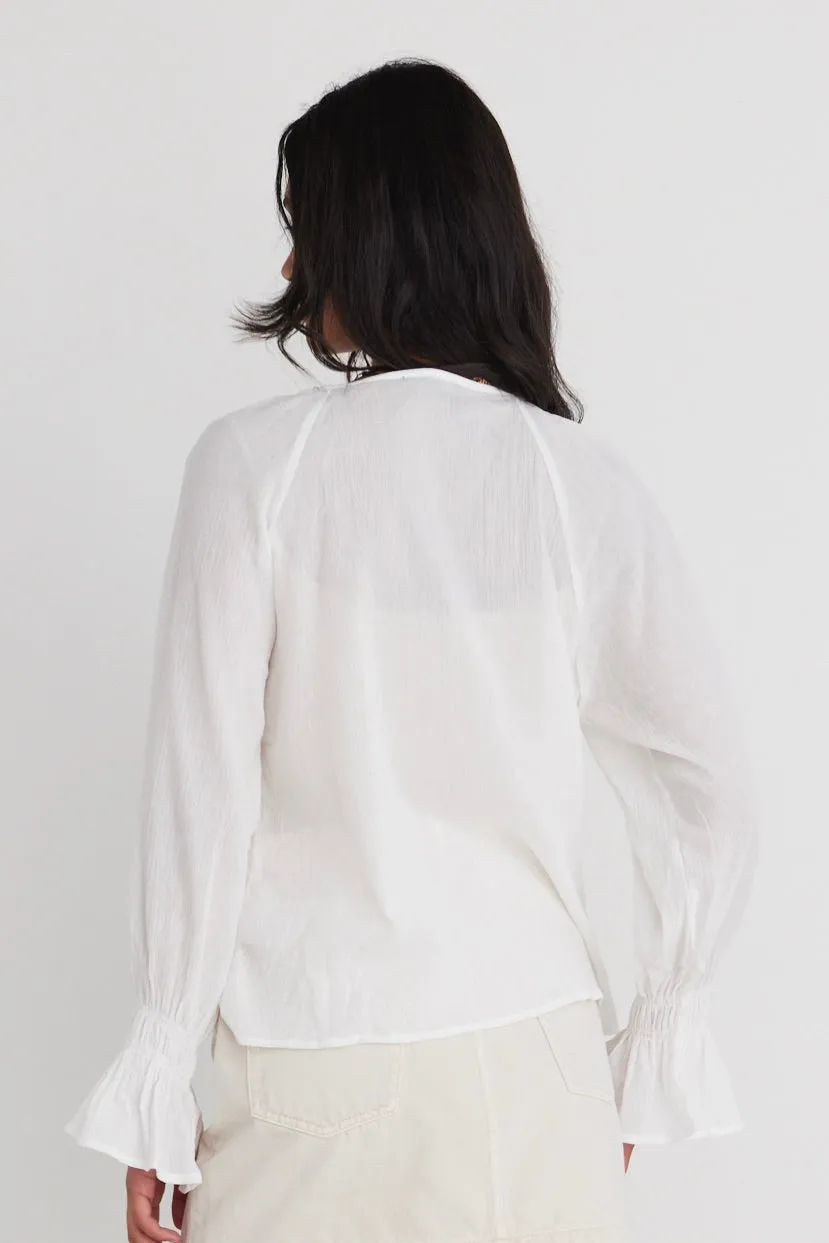 Euphoria Ivory Cotton Crinkle LS Neck Frill Button Blouse
