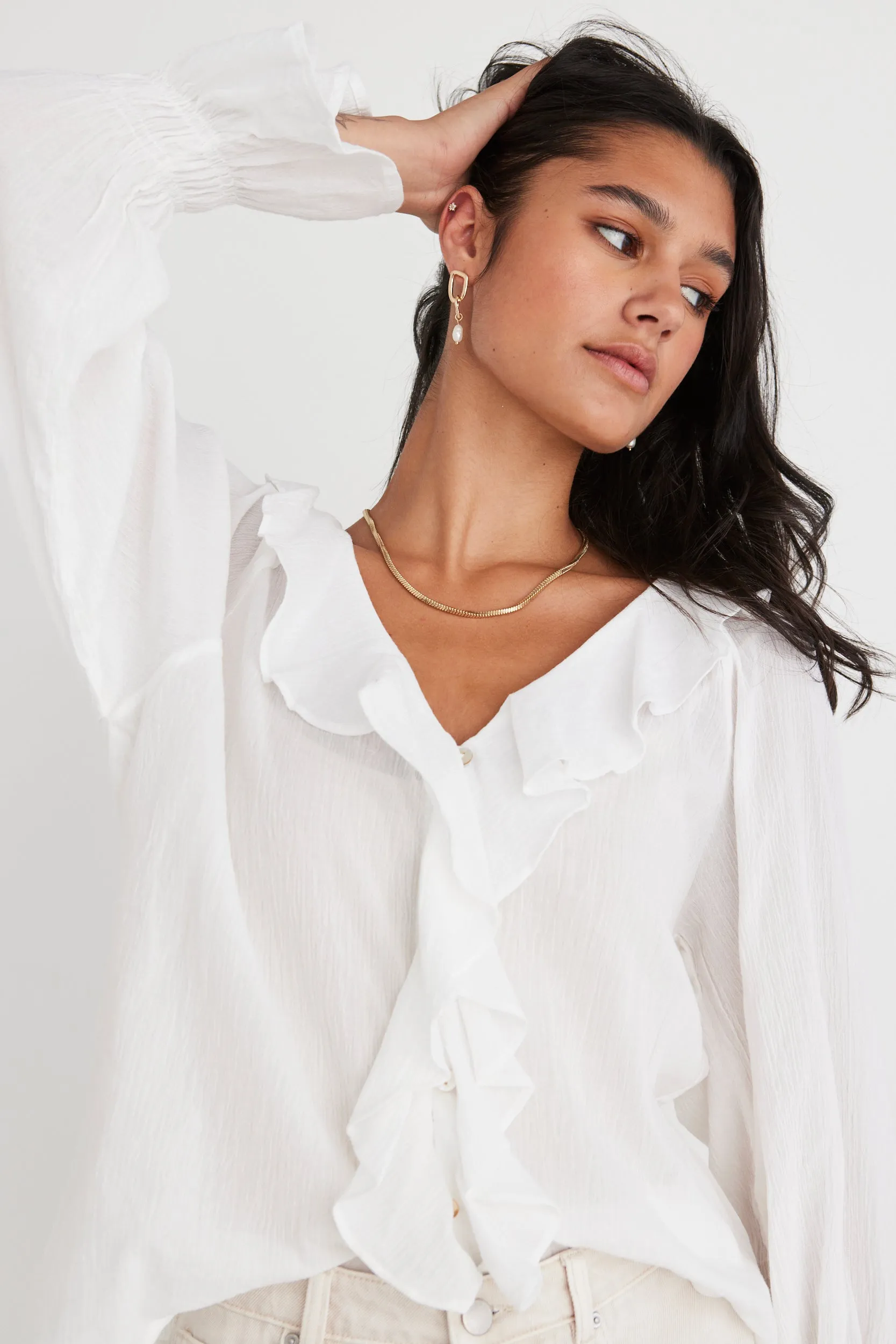 Euphoria Ivory Cotton Crinkle LS Neck Frill Button Blouse