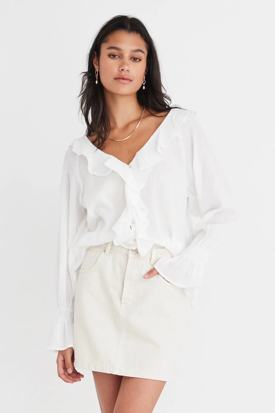 Euphoria Ivory Cotton Crinkle LS Neck Frill Button Blouse