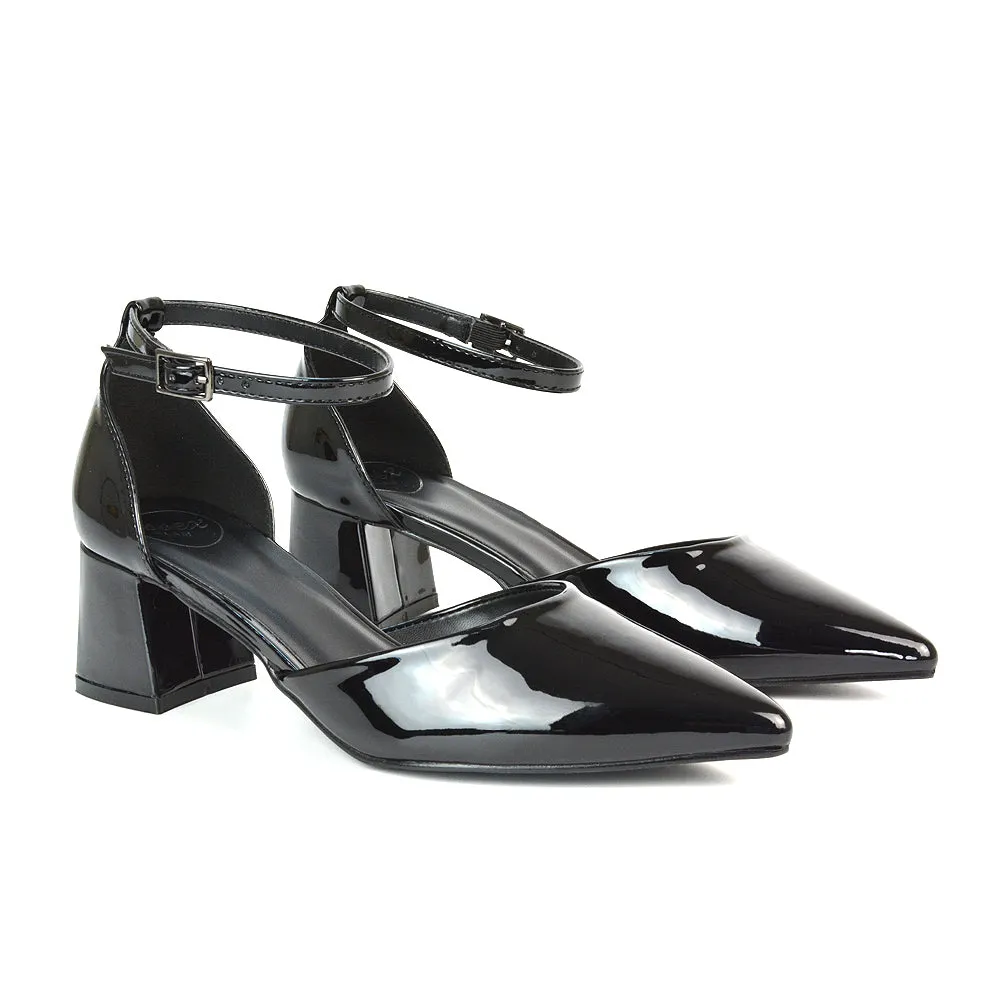 Evie Low Block Heel Pointed Toe Ankle Strap Court Shoes in Red Patent